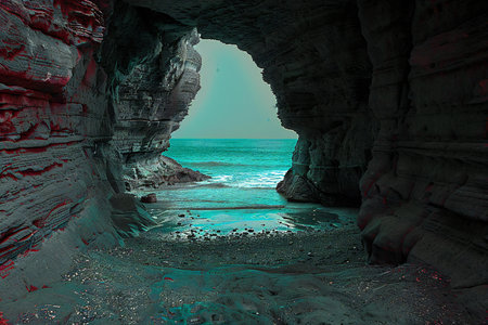 Fantasy landscape with cave at the sea. 3D illustration.の写真素材
