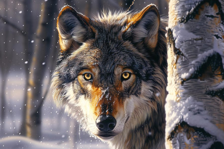 Portrait of a wolf in the winter forest. Wild animal in nature.