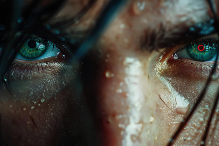 Close-up portrait of a woman's face with water drops on it.の写真素材