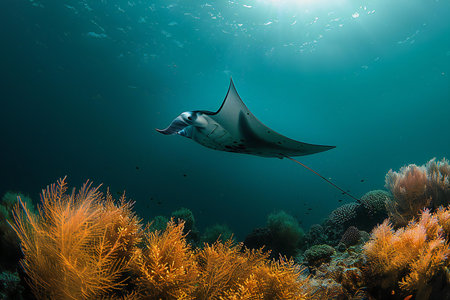 Manta ray swimming over coral reef in the Red Sea, Egyptの写真素材