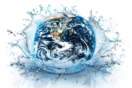 Planet earth in water splash on white background. 3d illustration.の写真素材