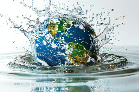 Earth planet with water splash on white background. 3d illustration.の写真素材
