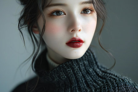 Portrait of a beautiful girl in a gray sweater with a red lips