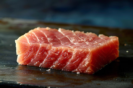 Raw tuna steak on a black background. Selective focus. Toned.