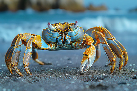 Blue crab on the beach of the Caribbean Sea. Close-up.