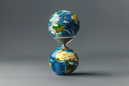 Earth globe with hourglass on grey background. 3D illustration.