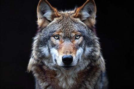 Portrait of a wolf on a black background. Close-up.