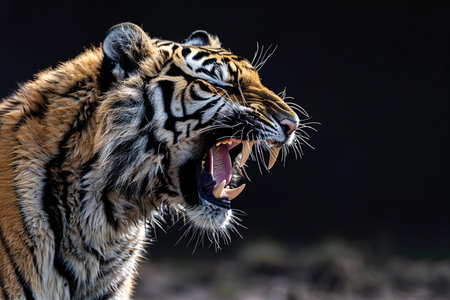 Close up of a tiger yawning in the forest. (Panthera tigris altaica)