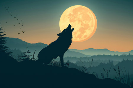 Illustration of howling wolf in front of the full moon.