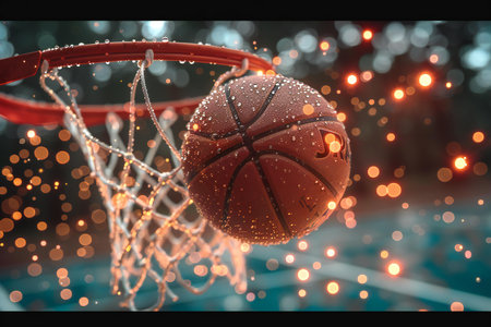 Basketball ball on basketball hoop with lights bokeh background.