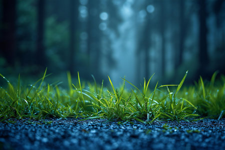 Green grass in the forest at night. Nature backgroundの写真素材