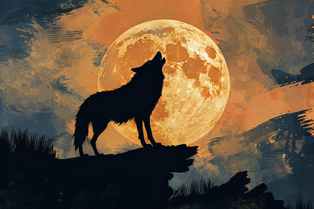 Illustration of howling wolf in front of the full moon.