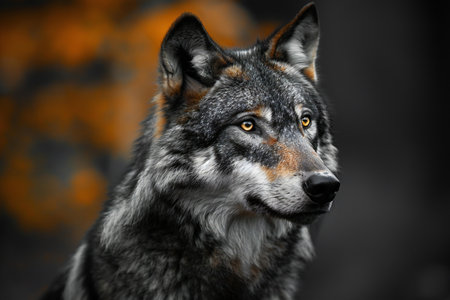 Portrait of a wolf on a dark background. Close-up.