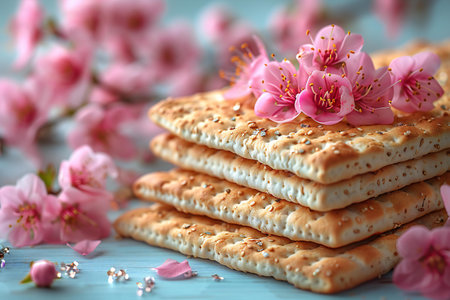 Delicious crackers with sakura flowers on wooden table, closeup