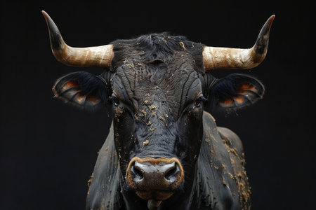 Portrait of a black bull with horns on a black background.