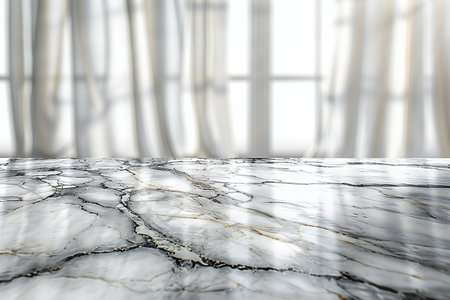 Empty marble table top with window and curtains background. For product display