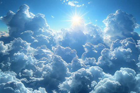 Beautiful blue sky background with clouds and sun. 3d illustration