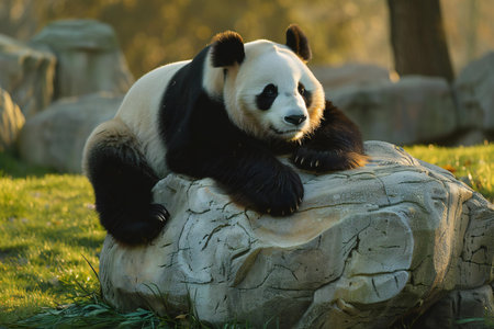 Giant panda sitting on a rock in the evening sun.の写真素材