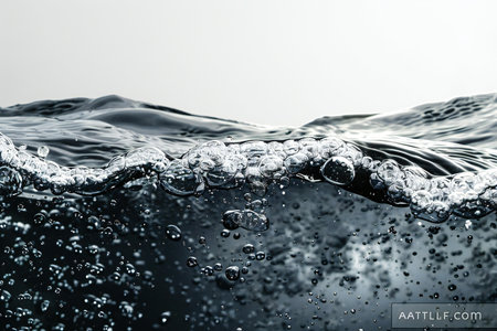 Clean water wave with bubbles on white background.