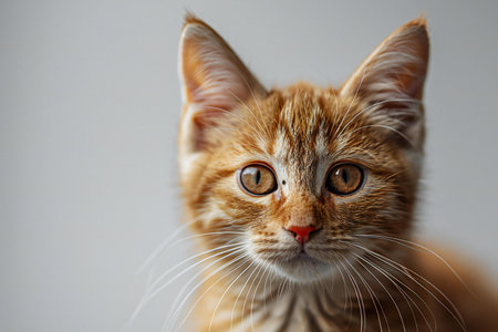 Portrait of a red kitten on a white background. Close-up.