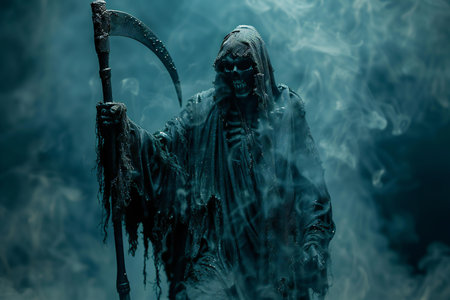 Scary halloween concept. Scary grim reaper with a scythe