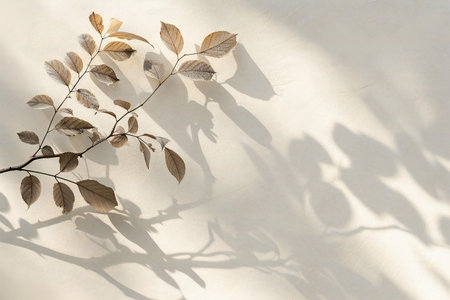 Leaf shadow on white wall with copy space for text or image