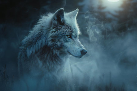 Portrait of a wolf in the forest at sunset. Photo in old color image style.