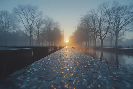 Morning fog in the park. Water drops on the water surface.