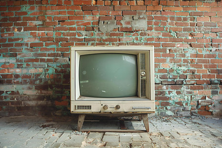 Old TV on brick wall background,vintage tone,retro style
