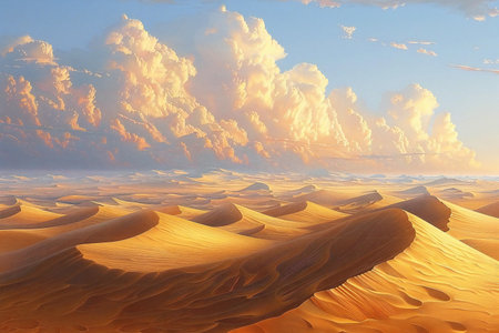 3D illustration of desert sand dunes in sunset light with beautiful cloudsの写真素材