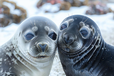 Two seals on the beach in Antarctica. Close-up portrait.の写真素材