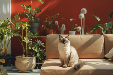 Siamese cat sitting on sofa in cozy living room with plantsの写真素材