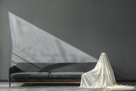Black sofa with white fabric on grey wall background. 3d rendering