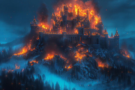 Fantasy scene with castle on the hill. 3D illustration.