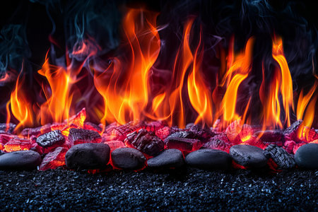 Hot coals on black sand background with copy space for text.
