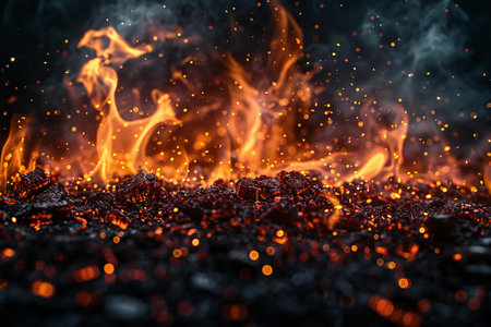 Burning coals on black background, close-up. Abstract background