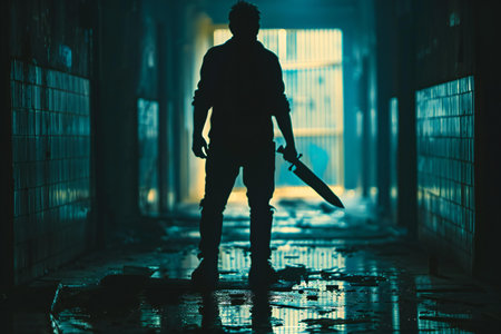 Silhouette of a man with a knife in an abandoned building
