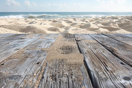 Wooden pier on the beach with sand and ocean in the backgroundの写真素材