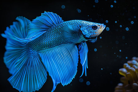 Capture the moving moment of blue siamese fighting fish isolated on black background. Betta fish