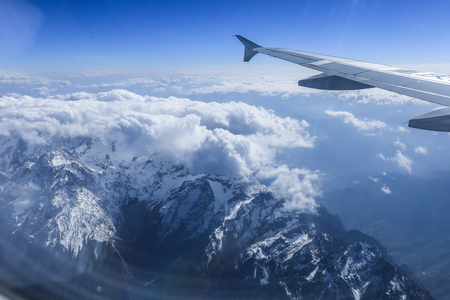 Airplane wing with skyの写真素材