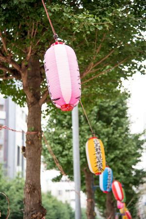 Colorful of Japanese paper lantern hanging as decoration on festivalの写真素材