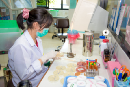 Blurred photo graphy of Medical Technologist streak plate for bacteria culture  or identify with biochemical at  microbiology roomの写真素材