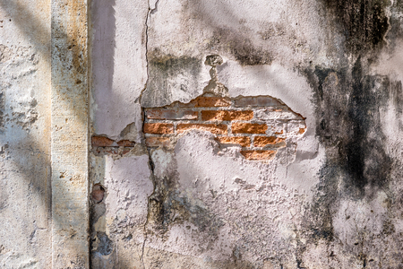 decayed old concrete wall  with red brickの写真素材