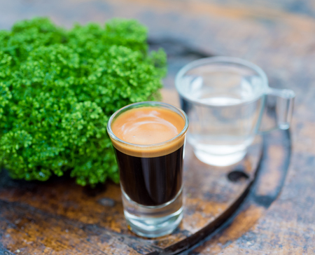 Espresso coffee cup serve with glass of water on wooden table which decor by green plantの写真素材