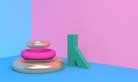Minimalist abstract background, primitive geometrical figures, pastel colors, 3D render.の写真素材