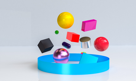 Minimalist abstract background, primitive geometrical figures, 3D render, podium for the advertized...