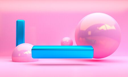 Minimalist abstract primitive geometrical figures background, pastel colors, 3D render, trend poster.の写真素材