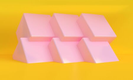 3d rendering pink box podium minimal yellow wall scene. Concept : poster, advertising ,cover design, book design, cd cover, flyer, web design backgrounds.の写真素材