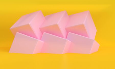3d rendering pink box podium minimal yellow wall scene. Concept : poster, advertising ,cover design, book design, cd cover, flyer, web design backgrounds.の写真素材