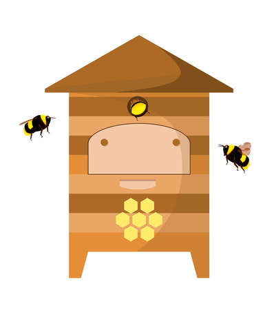 Wooden beehive with bees on a white backgroundのイラスト素材